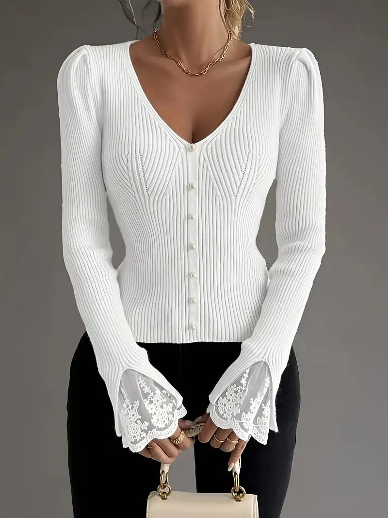 Arina | Ribbed Lace Sleeve Sweater