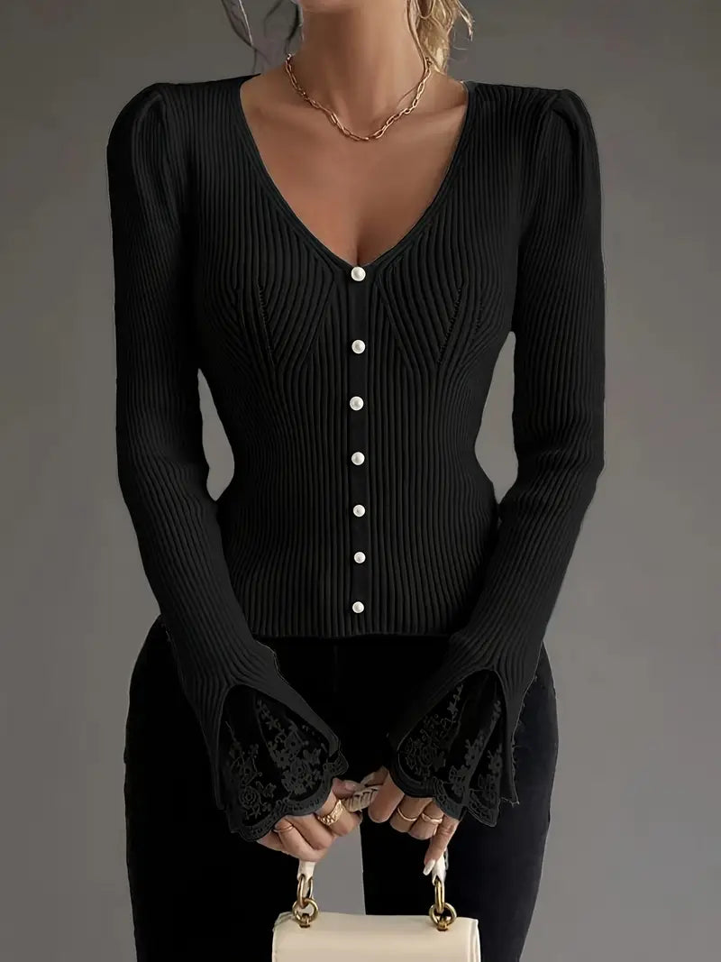 Arina | Ribbed Lace Sleeve Sweater